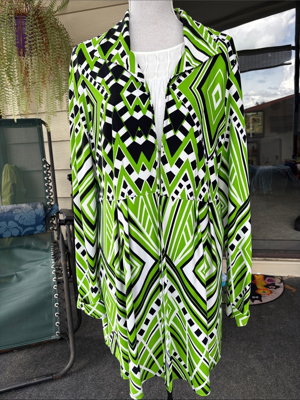 Kate & Mallory Lime Green, Black & White Geometric Jacket over White Blouse